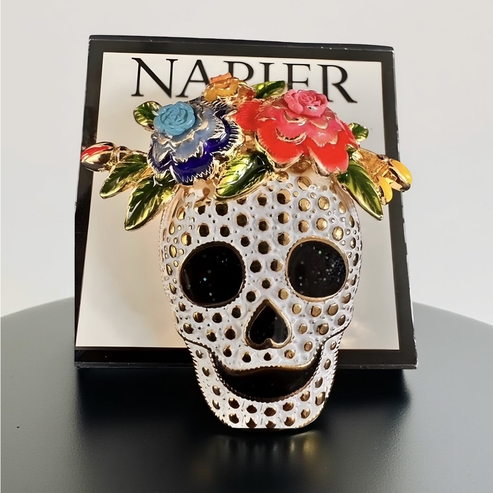Napier Enamel Floral Skull Brooch | Gold Tone Day of the Dead Pin Brooch Vintage
